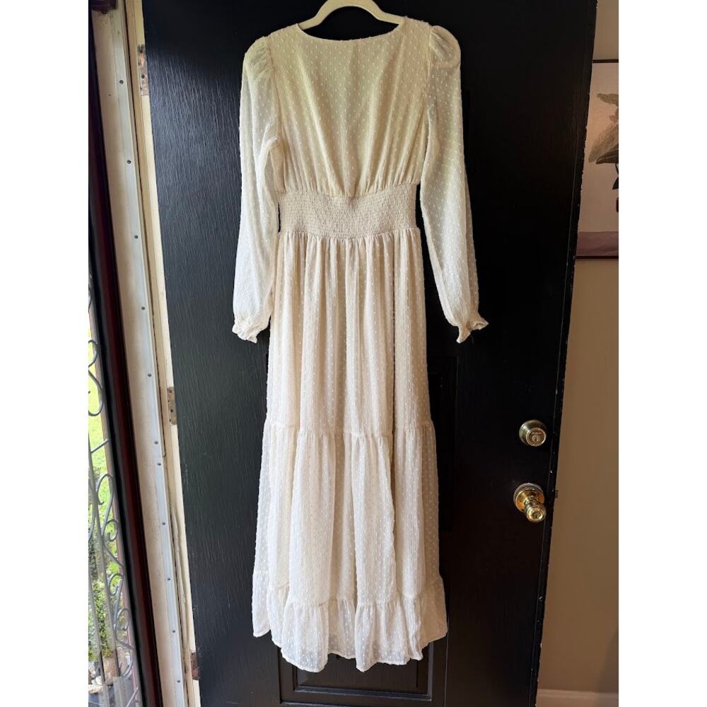 Patrons of Peace Altura Dress Maxi Coquette Milkmaid Tiered Cream Swiss Dot Sz S - Picture 7 of 15